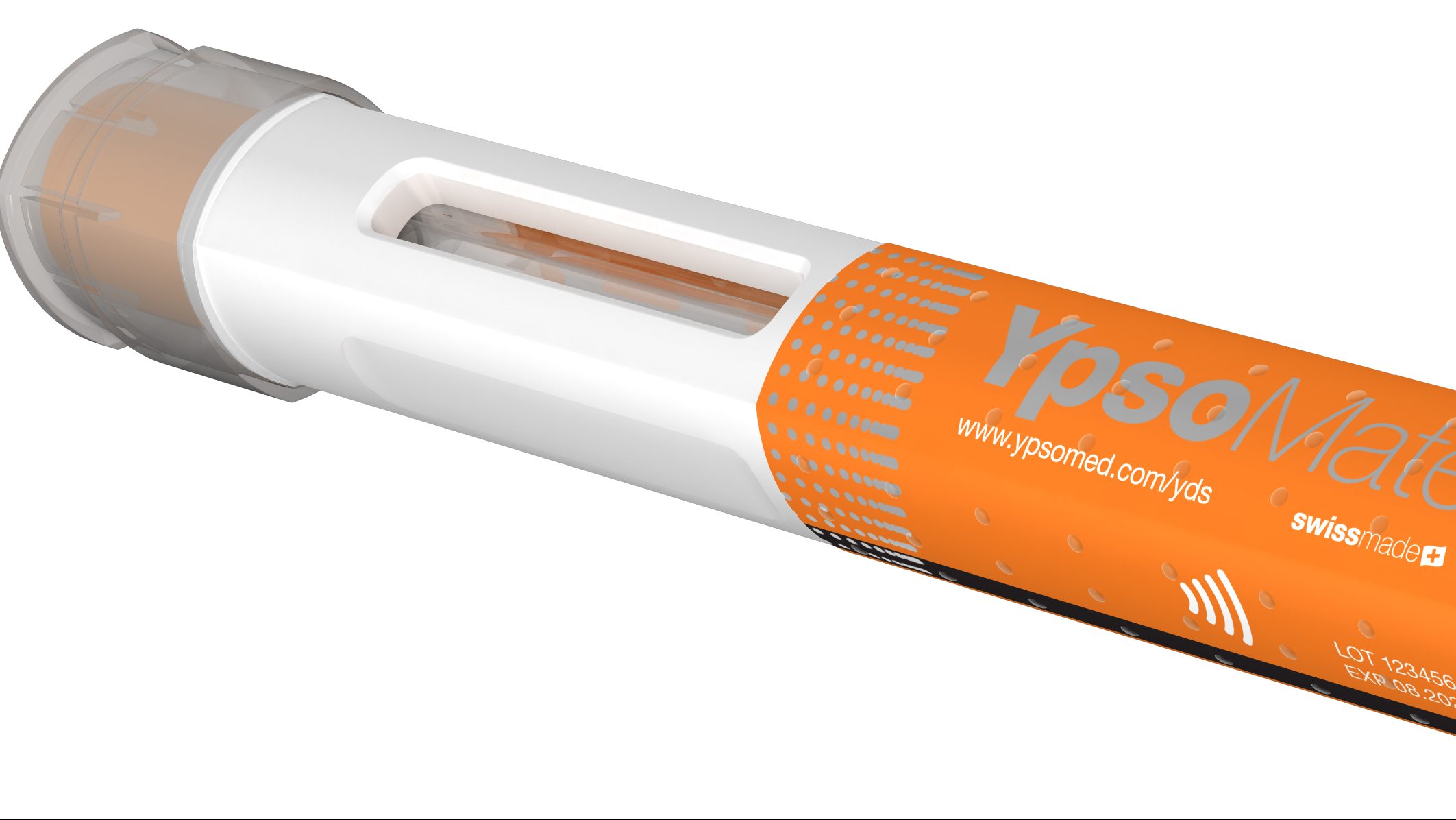 YpsoMate autoinjector with orange and white body