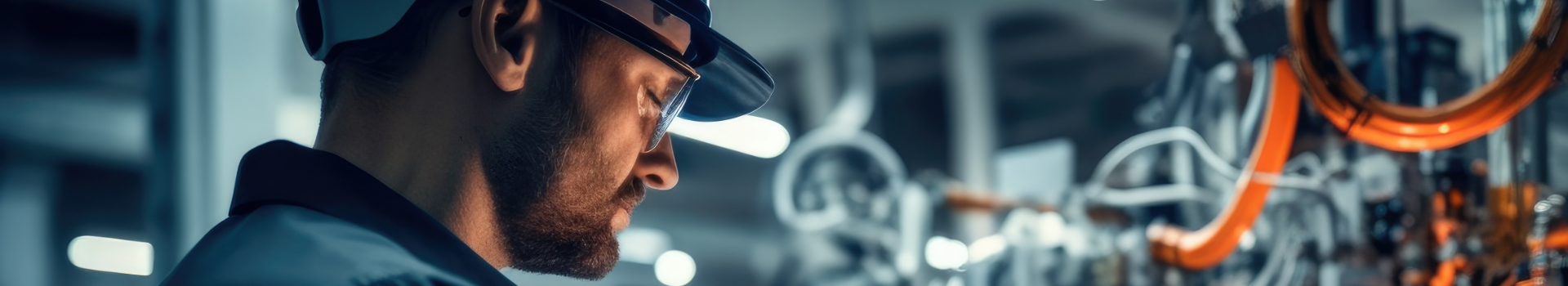 bearded man in hard hat and safety glasses with industrial machines in background